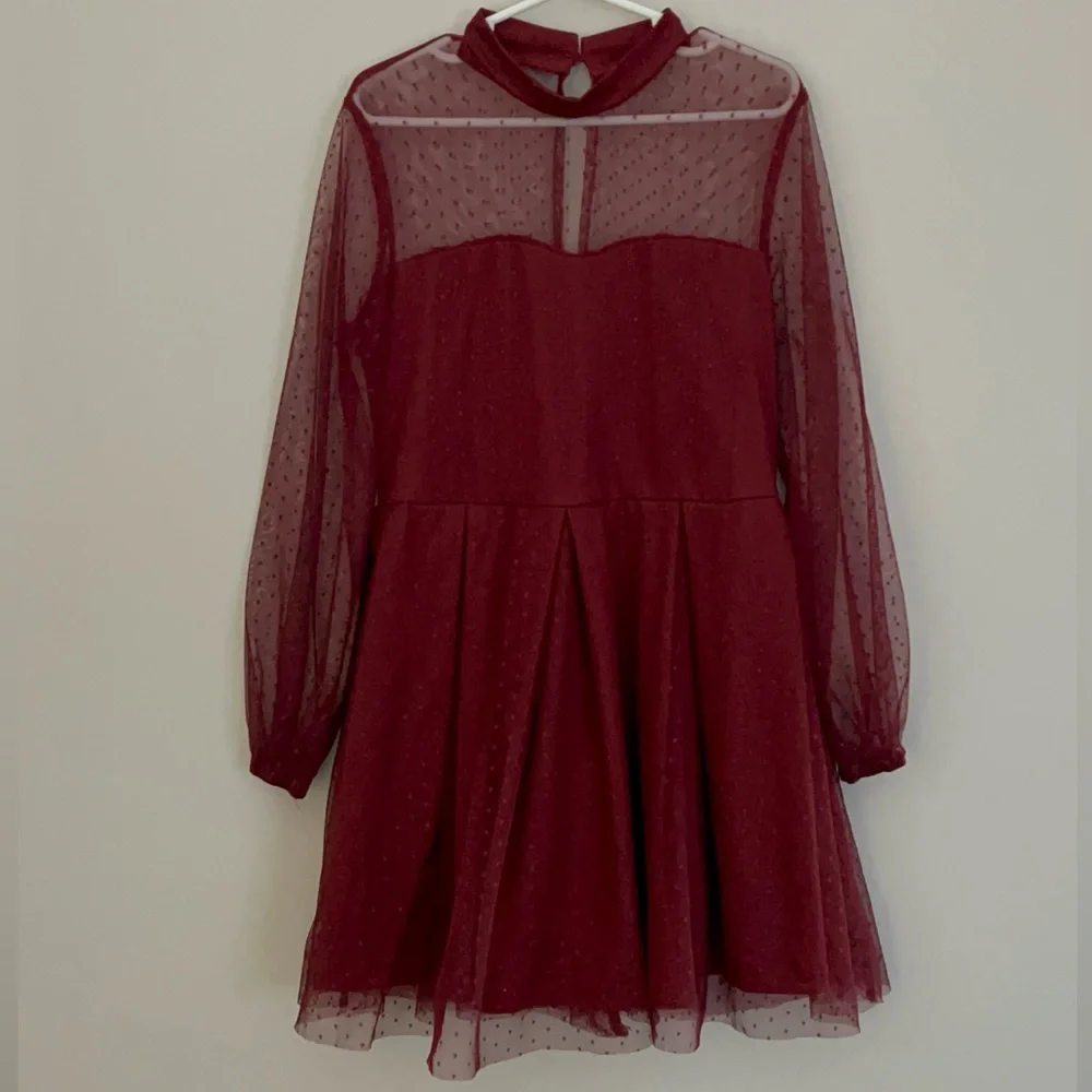 Girls Burgundy Sheer Mesh A-line Dress.